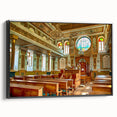 Black and white framed canvas of a vintage synagogue landscape, ideal for bedroom wall decor.