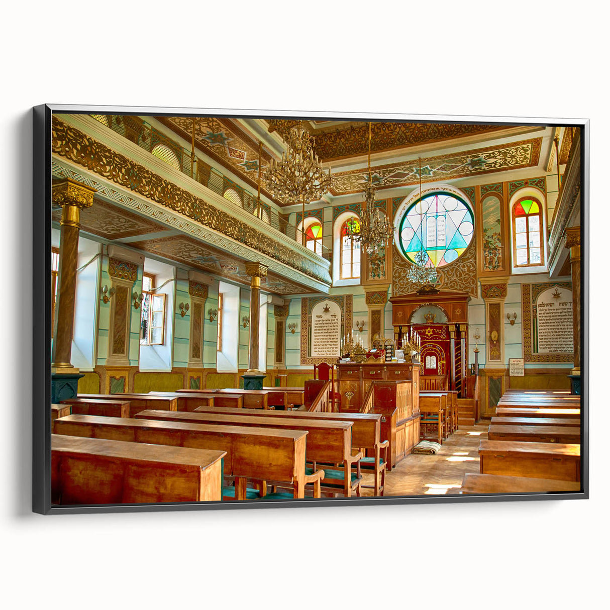 Black and white framed canvas of a vintage synagogue landscape, ideal for bedroom wall decor.