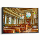 Black and white framed canvas of a vintage synagogue landscape, ideal for bedroom wall decor.
