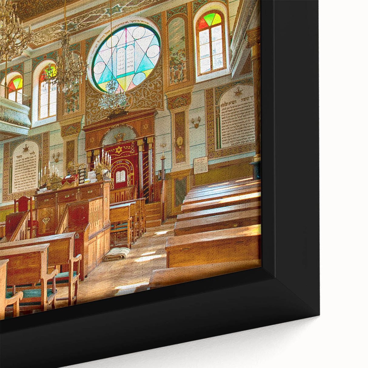 Extra large black wall art featuring a textured synagogue design with colorful accents on a framed canvas.