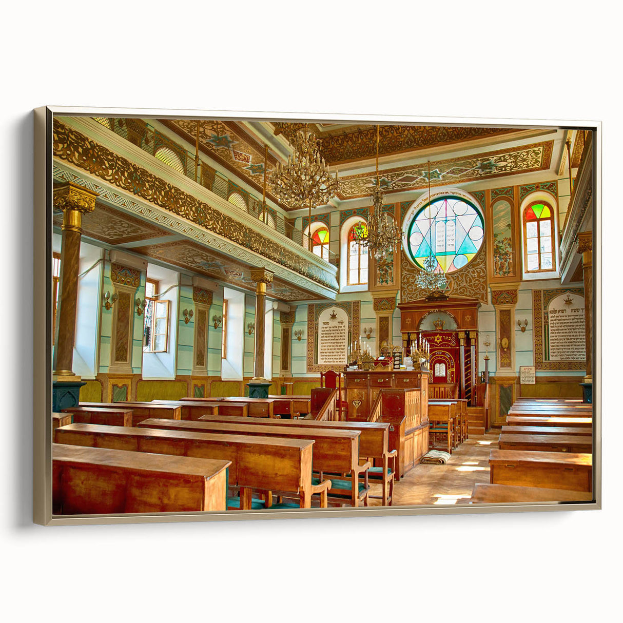 Framed canvas featuring a vintage-style landscape art painting of a synagogue in muted gold and black tones.