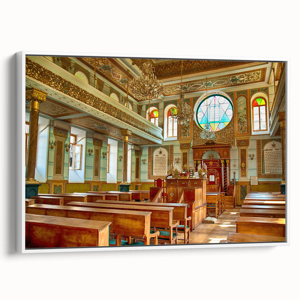 Framed canvas of a vintage-style synagogue landscape in muted black tones, ideal for bedroom wall art.