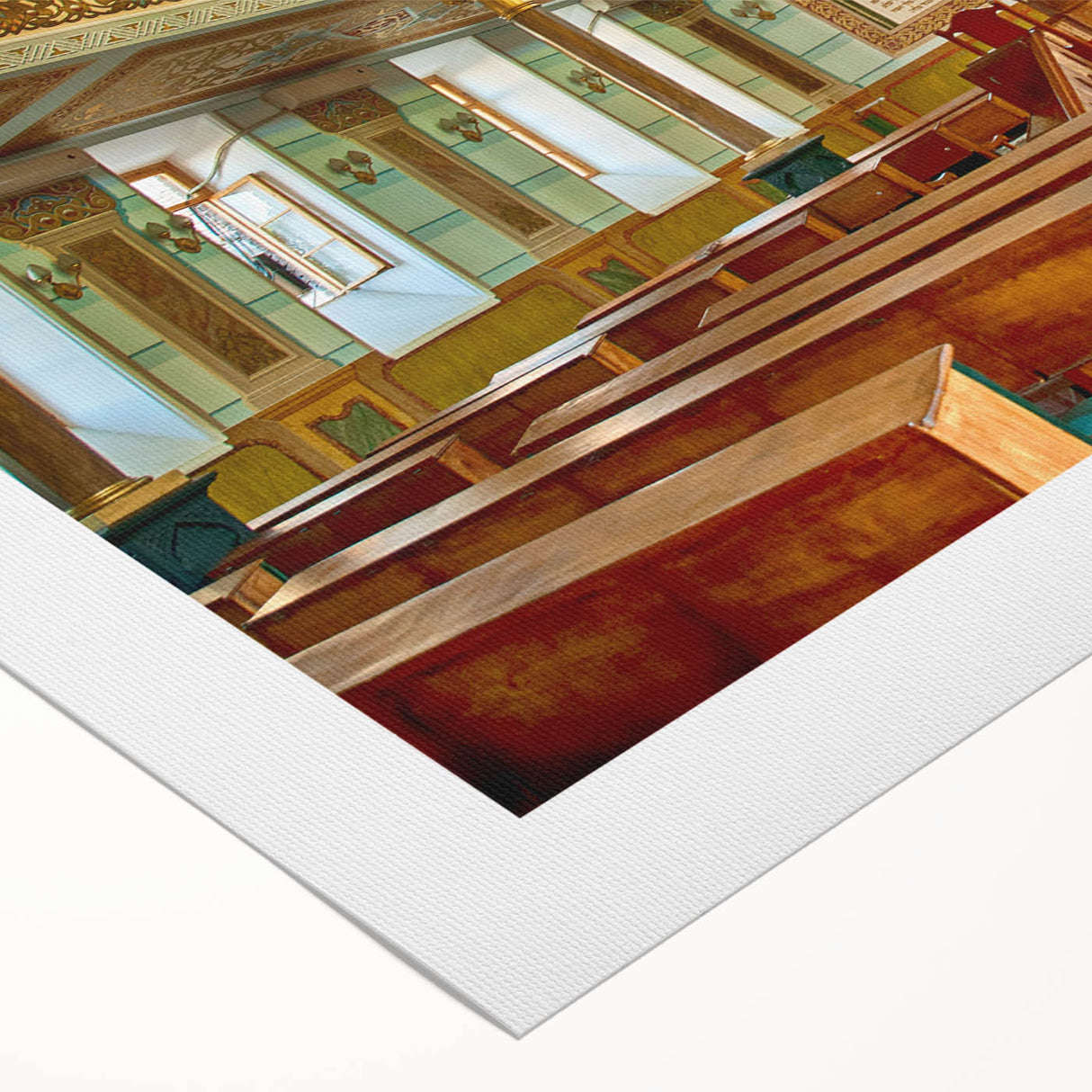 Art Deco style synagogue depicted in muted gold and blue hues on rolled canvas, suitable for dining room wall art.