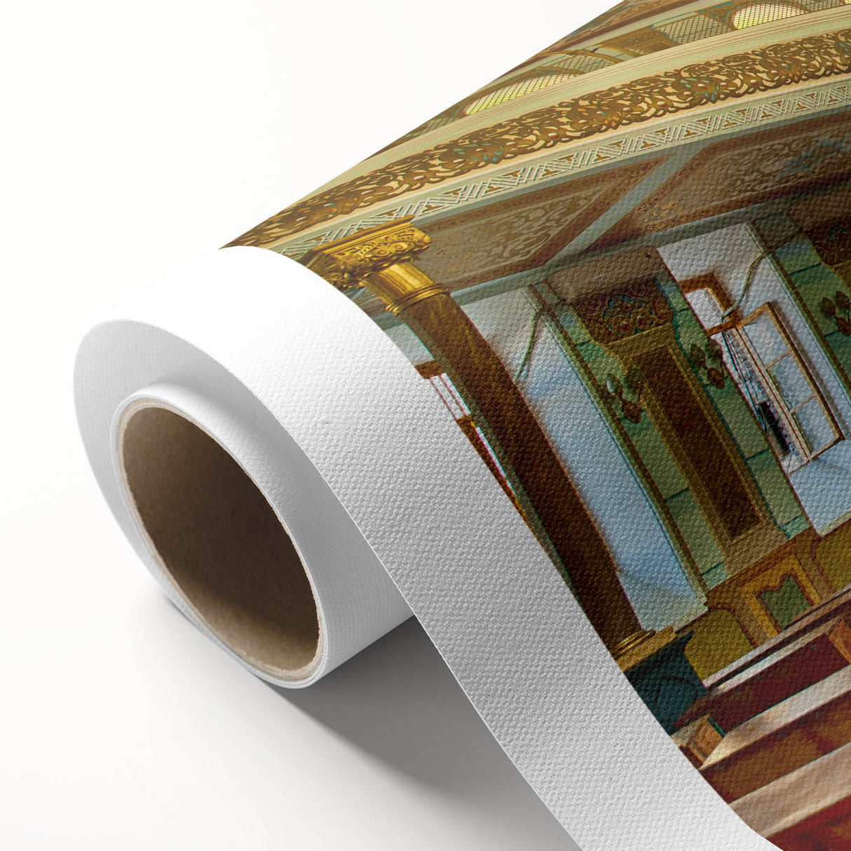 Art Deco style synagogue illustration in muted gold and blue tones on rolled canvas, ideal for nursery wall art.