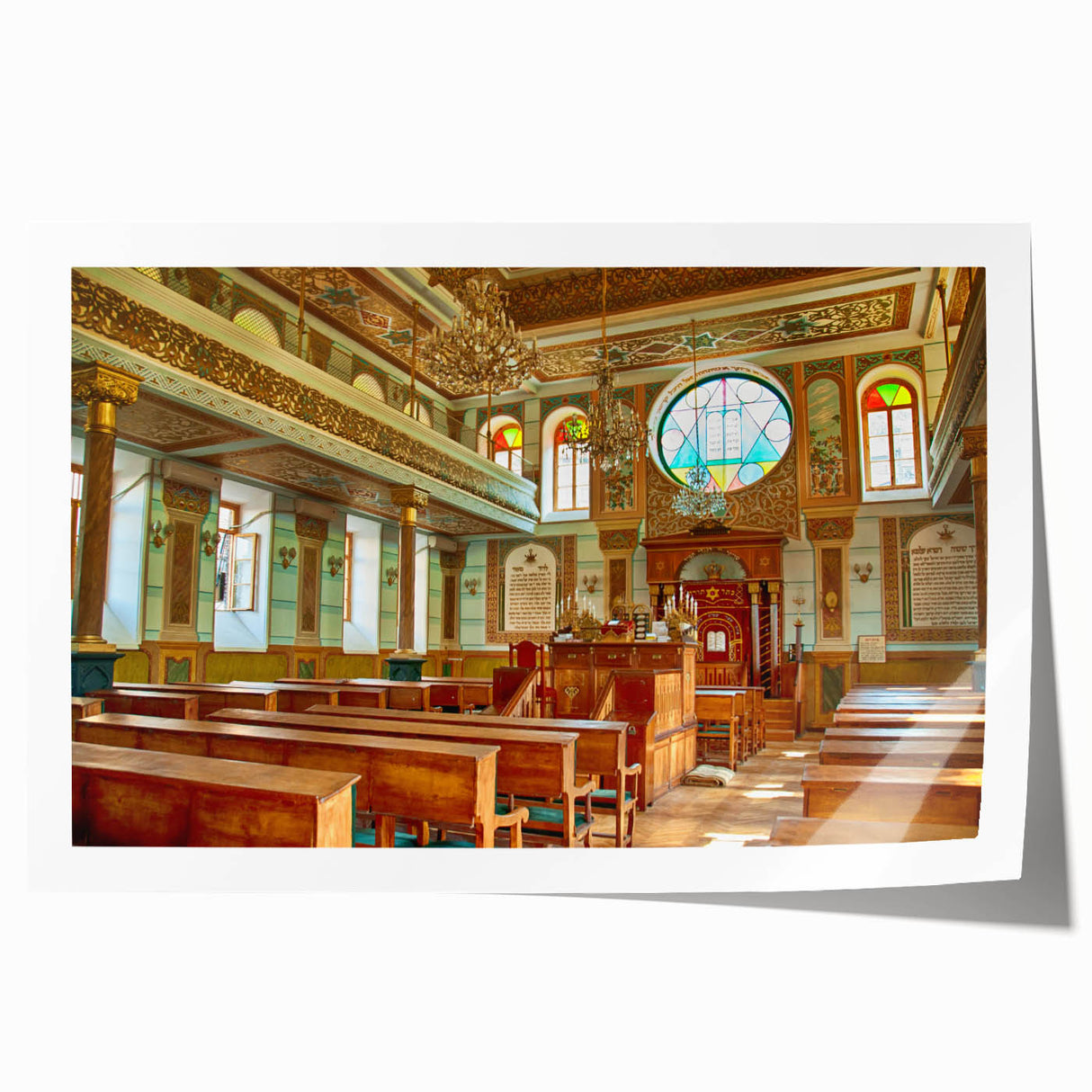 Extra large rolled print of a synagogue in muted earth tones, ideal for art wall dining room decor.