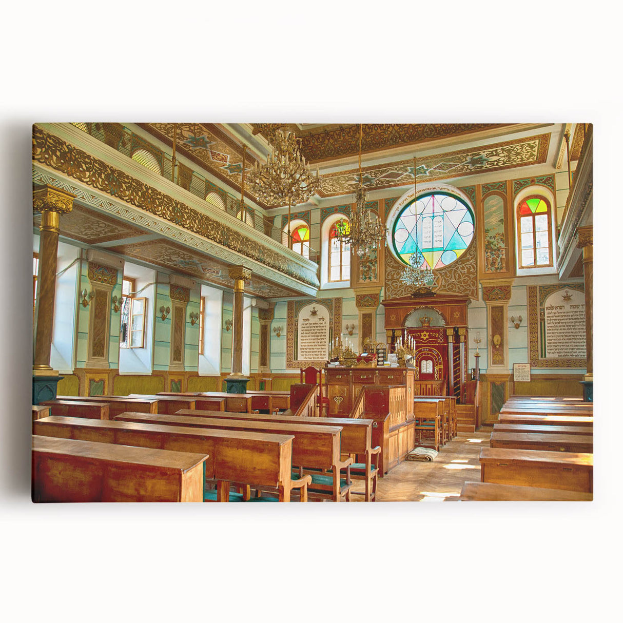 Black and white large art print of a synagogue on stretched canvas, ideal for kitchen wall art.