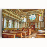 Black and white large art print of a synagogue on stretched canvas, ideal for kitchen wall art.