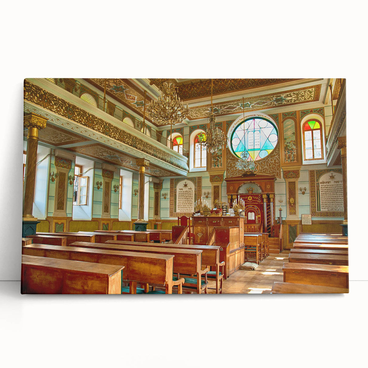 Black and white image of a synagogue on stretched canvas, suitable as large kitchen wall art or for bedroom ambiance.
