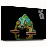 Vibrant chameleon wall art design displayed in a sleek acrylic glass frame, showcasing intricate details and vivid colors, perfect for reptile enthusiasts.