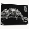 Colorful chameleon wall art design in acrylic glass, showcasing vibrant hues and intricate details, mounted with pins for a modern display. This unique piece enhances reptile-themed decor and adds a lively touch to any room.