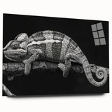 Vibrant chameleon wall art design displayed in an acrylic glass frame, showcasing intricate details and colors, ideal for reptile enthusiasts' decor.