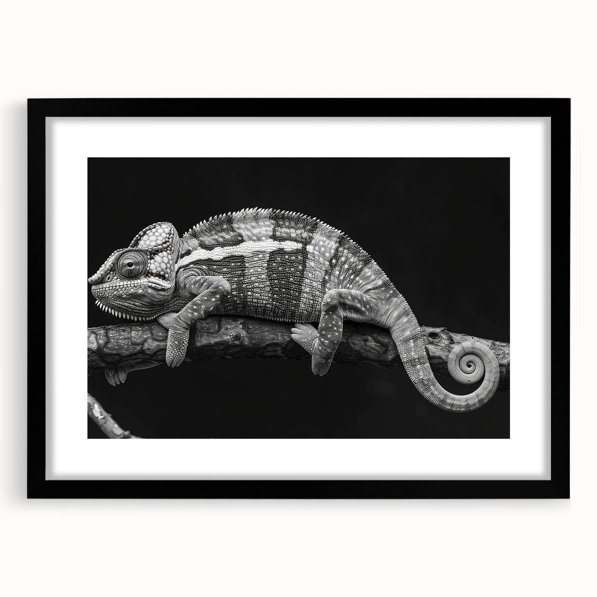 Framed wall art featuring a vibrant chameleon design in a modern black frame, showcasing intricate colors and details perfect for reptile enthusiasts and home decor.