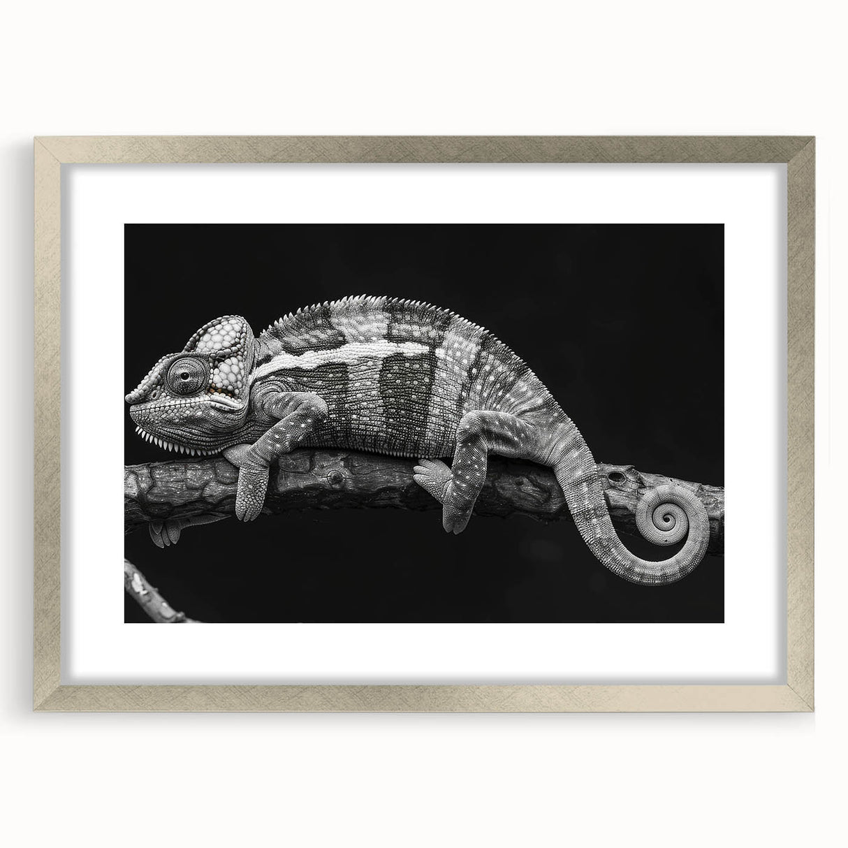 Charming chameleon wall art design framed in a sleek silver frame, featuring vibrant colors and intricate details, perfect for enhancing home decor in nature-themed spaces.
