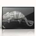 Framed wall art featuring a vibrant chameleon design in a sleek black frame, showcasing intricate details and colors, perfect for reptile enthusiasts and modern decor.