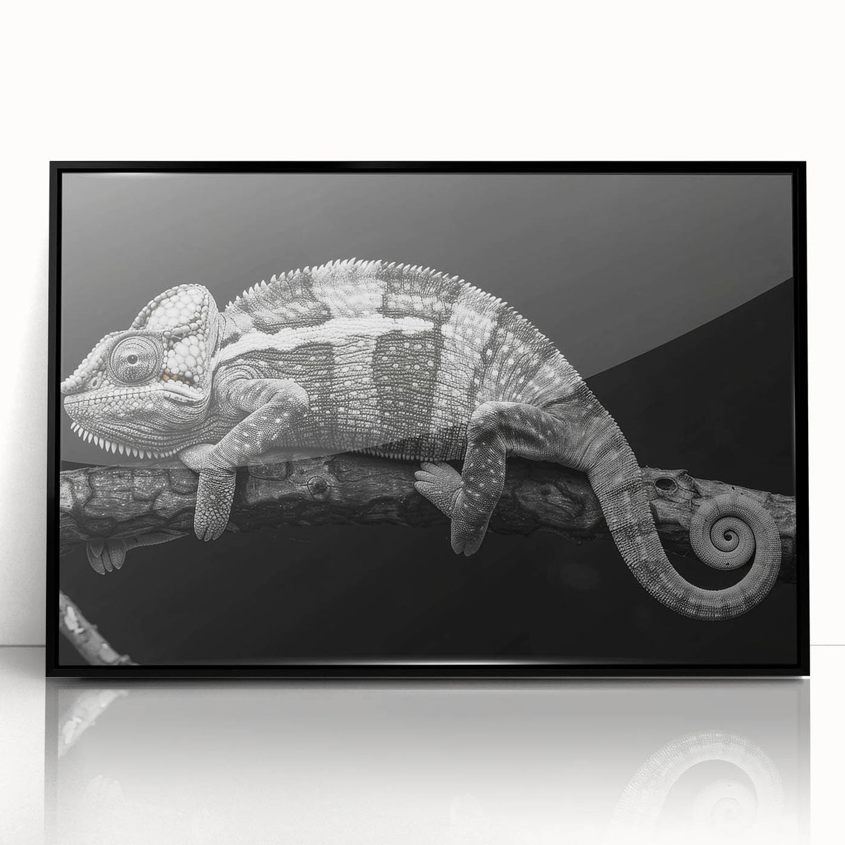 Framed wall art featuring a vibrant chameleon design in a sleek black frame, showcasing intricate details and colors, perfect for reptile enthusiasts and modern decor.
