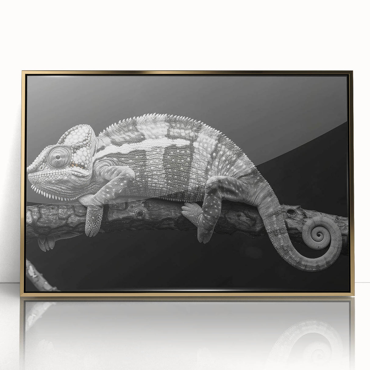 Framed wall art featuring a vibrant chameleon design with gold accents, showcasing a detailed front view against a sleek black background, perfect for reptile enthusiasts.