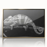 Framed wall art featuring a vibrant chameleon design with gold accents, showcasing a detailed front view against a sleek black background, perfect for reptile enthusiasts.