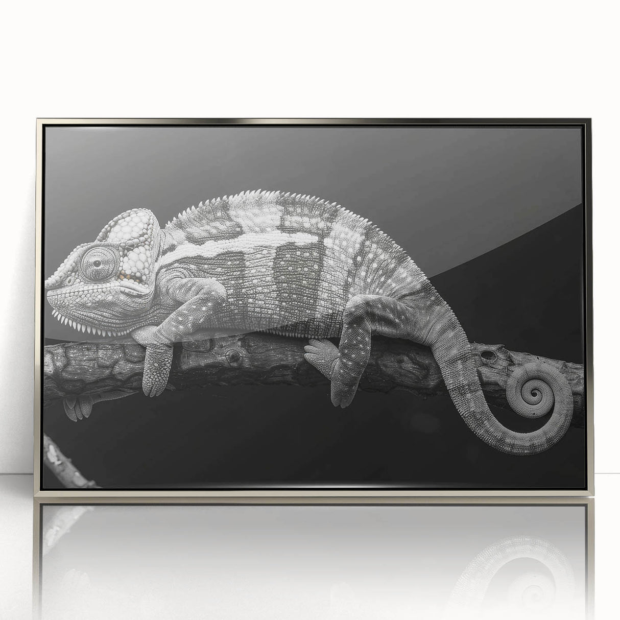 Framed acrylic wall art showcasing a vibrant chameleon design with intricate details, set in a sleek silver frame, perfect for enhancing modern decor.