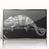 Framed acrylic wall art showcasing a vibrant chameleon design with intricate details, set in a sleek silver frame, perfect for enhancing modern decor.