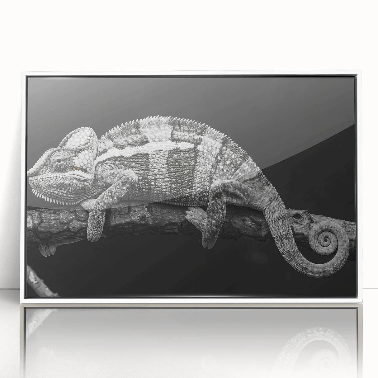 Framed wall art featuring a vibrant chameleon design on acrylic, set in a sleek white frame, perfect for adding a colorful touch to modern home decor.