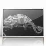 Framed wall art featuring a vibrant chameleon design on acrylic, set in a sleek white frame, perfect for adding a colorful touch to modern home decor.