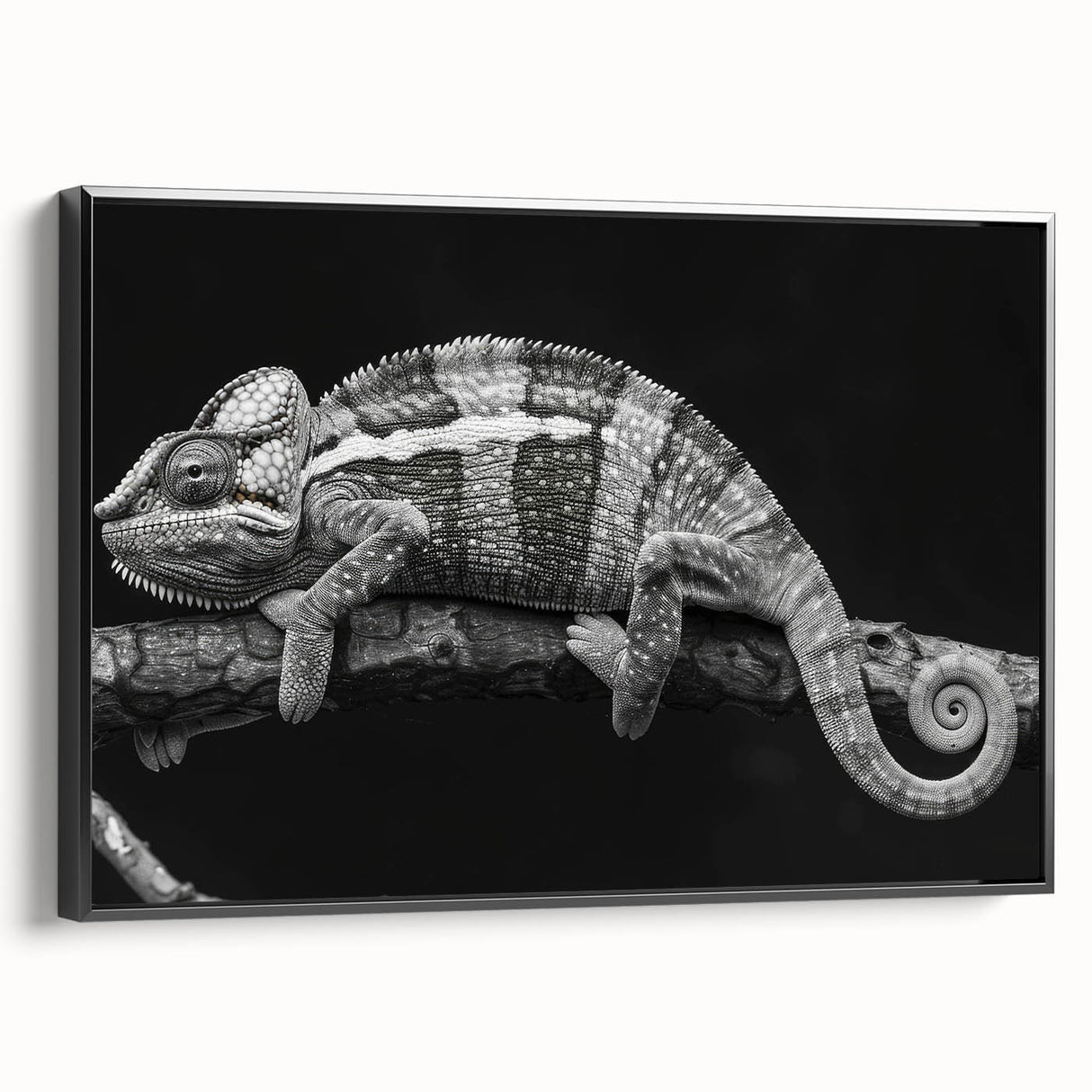 Framed canvas wall art featuring a vibrant chameleon design, showcasing intricate colors and details, ideal for reptile enthusiasts and modern decor.