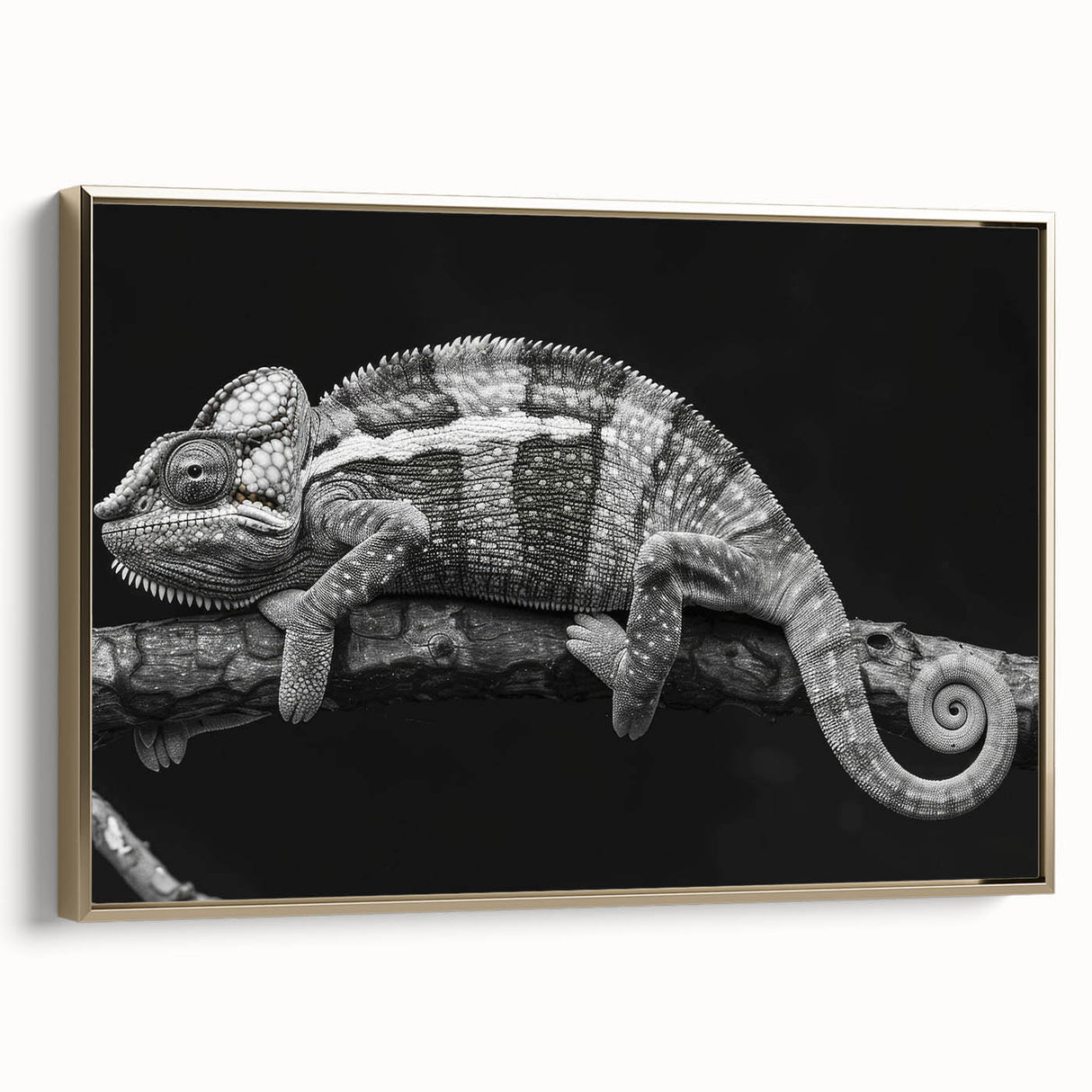 Framed canvas wall art showcasing a vibrant chameleon design with gold accents, set against a dark background, perfect for enhancing modern decor.