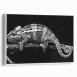 Framed wall art showcasing a vibrant chameleon design on canvas, featuring vivid colors against a white backdrop, perfect for reptile enthusiasts' decor.