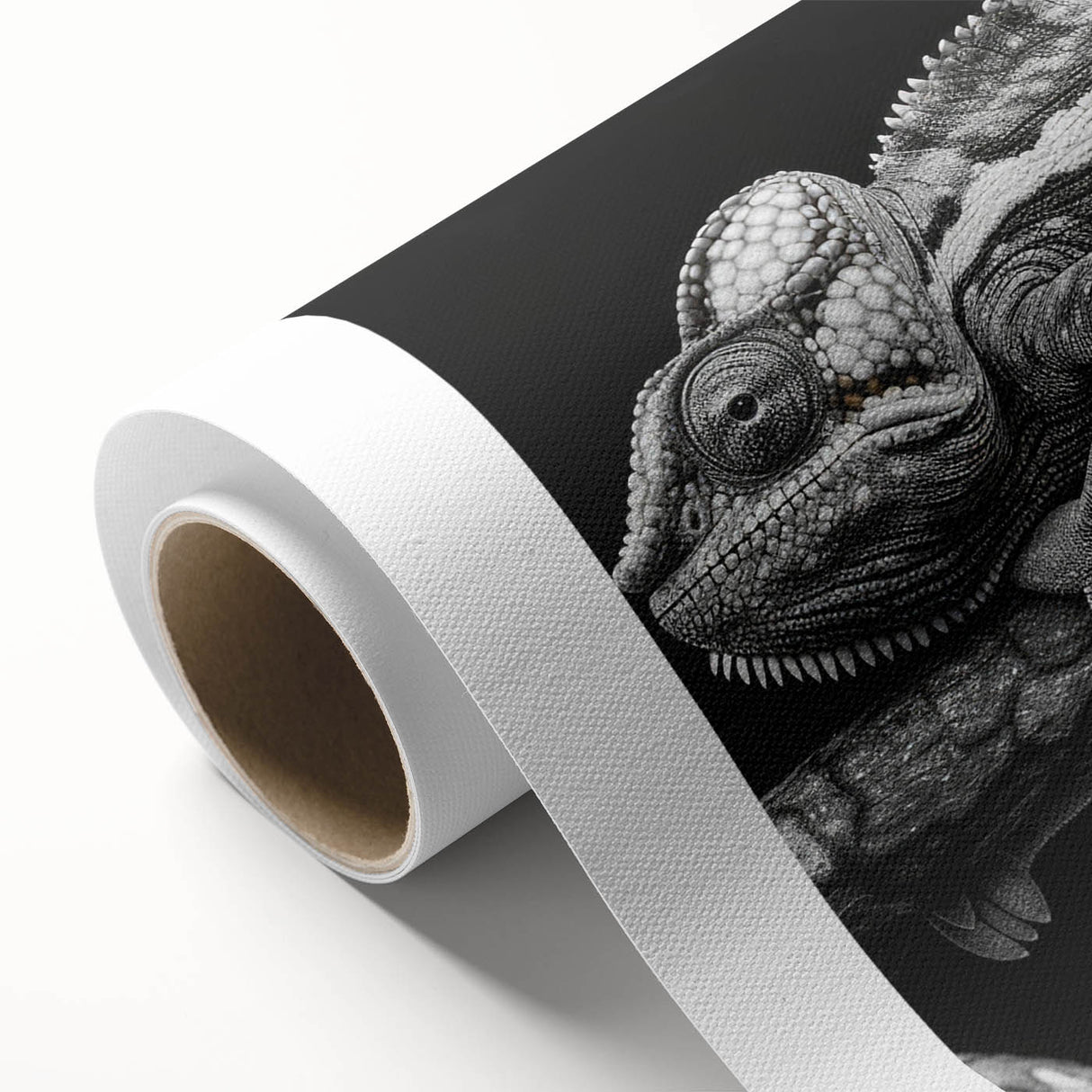 Colorful rolled canvas art depicting a vibrant chameleon design, showcasing intricate details and textures, ideal for reptile enthusiasts and home decor.