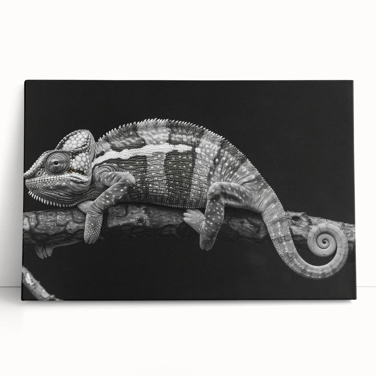 Vibrant chameleon wall art design on stretched canvas, showcasing rich colors and intricate details, perfect for adding a unique touch to any room decor.