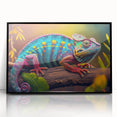 Framed black acrylic wall art featuring a vibrant chameleon design, ideal for reptile lovers and modern decor enthusiasts, enhancing any living space with color.