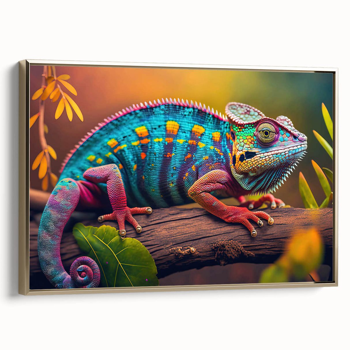Framed canvas wall art depicting a vibrant chameleon design in shades of green and gold, ideal for reptile enthusiasts and modern decor lovers.