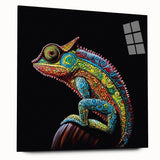 Colorful chameleon wall art design printed on acrylic glass, showcasing vibrant hues and intricate details, ideal for modern home decor and reptile enthusiasts.