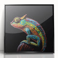 Framed acrylic wall art featuring a vibrant chameleon design, showcasing intricate details and vivid colors, set against a sleek black background, ideal for reptile enthusiasts.