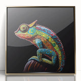 Framed wall art featuring a vibrant chameleon design with a gold-accented frame, showcasing intricate details against a colorful background, perfect for reptile enthusiasts and modern decor.