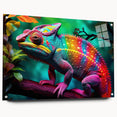 Colorful chameleon wall art design in acrylic glass, showcasing vibrant hues and intricate details, mounted with pins for a modern display. Perfect for reptile enthusiasts and unique home decor.
