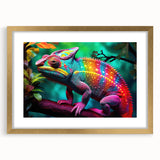 Framed wall art featuring a vibrant chameleon design in gold, elegantly presented with a mat, perfect for enhancing modern decor in living spaces.