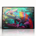 Framed acrylic wall art featuring a vibrant chameleon design in a sleek black frame, perfect for adding a touch of exotic color and personality to any room decor.