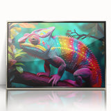 Framed wall art featuring a vibrant chameleon design in shades of green and blue, set in a sleek silver frame, perfect for adding a pop of color to any room.
