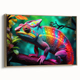 Framed wall art showcasing a vibrant chameleon design, featuring rich colors on a textured canvas with a gold frame, perfect for enhancing modern decor.
