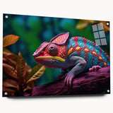 Vibrant chameleon wall art design displayed in acrylic glass, showcasing detailed colors and textures, perfect for reptile lovers and modern decor enthusiasts.