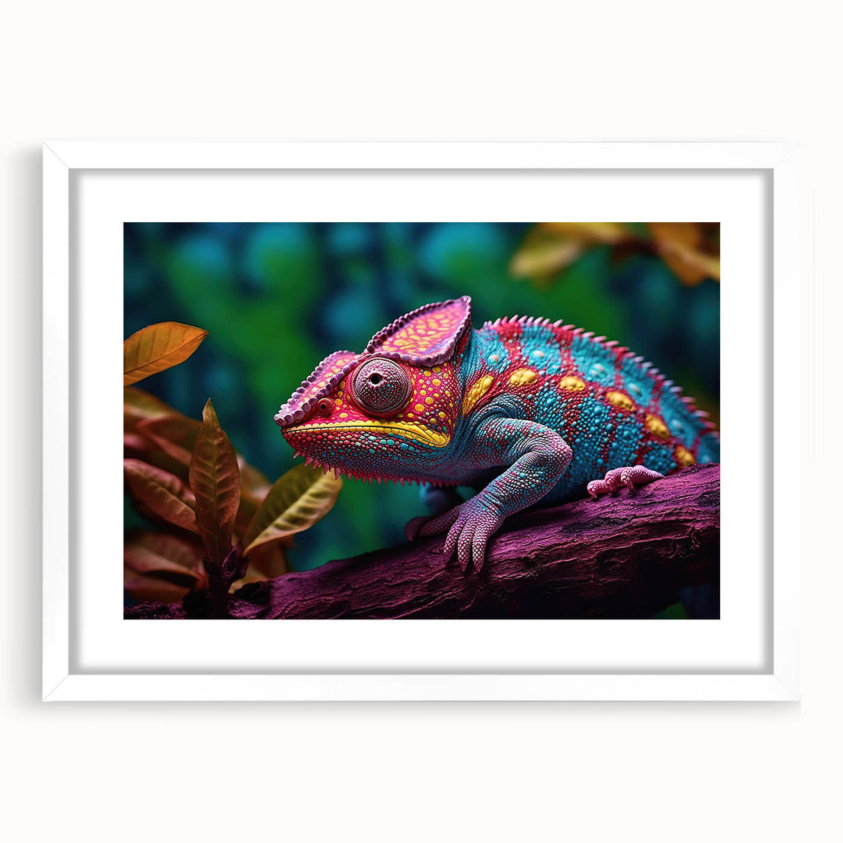 Charming wall art featuring a vibrant chameleon design in a white frame with a mat, perfect for enhancing modern decor in living spaces or offices.