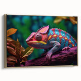 Framed canvas wall art showcasing a vibrant chameleon design in gold tones, perfect for reptile enthusiasts, adding a unique touch to home decor.