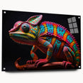 Vibrant chameleon wall art design displayed on acrylic glass, showcasing a side view with intricate details and colorful patterns, ideal for reptile enthusiasts.