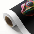 Vibrant chameleon illustration on rolled canvas, showcasing intricate details and vivid colors, perfect for reptile enthusiasts and modern decor.