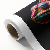 Vibrant chameleon illustration on rolled canvas, showcasing intricate details and vivid colors, perfect for reptile enthusiasts and modern decor.