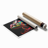 Colorful chameleon wall art print showcasing vibrant greens, blues, and yellows, ideal for reptile enthusiasts, available as a rolled canvas for easy framing.
