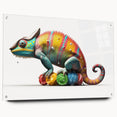 Vibrant chameleon wall art design displayed in a sleek acrylic frame, showcasing detailed colors and textures, perfect for enhancing any modern home decor setup.