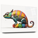 Vibrant chameleon wall art design on acrylic glass, showcasing a colorful side view of the reptile, perfect for enhancing modern home decor.