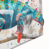 Close-up of a vibrant chameleon wall art design on acrylic glass, showcasing intricate details and bright colors, perfect for reptile enthusiasts' decor.